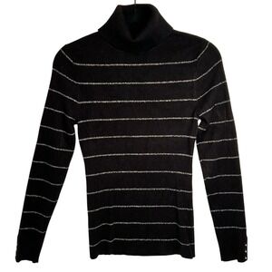 White House Black Market Women's L Black/Silver Metallic Striped Ribbed Sweater